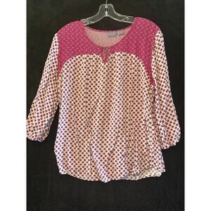 Laura‎ Scott Womens Top L Large Pink White Floral Print 3/4 Sleeve Blouse